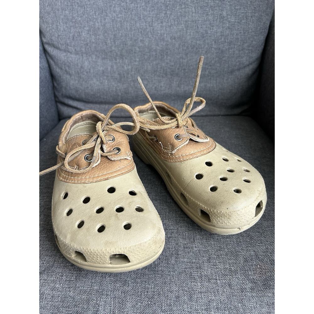 Crocs Islander Pitcrew Mens Size 7 Womens 9 Brown Leather Lace Up Boat Shoe Clog
